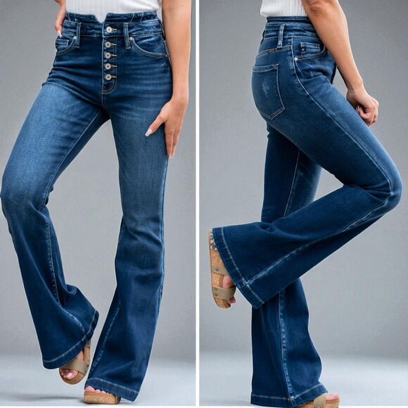 Kancan High Rise Curvy Dark Wash Button Fly Flare NWT - Picture 6 of 16